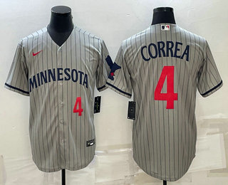 Mens Minnesota Twins #4 Carlos Correa Number 2023 Grey Home Team Cool Base Stitched Jersey